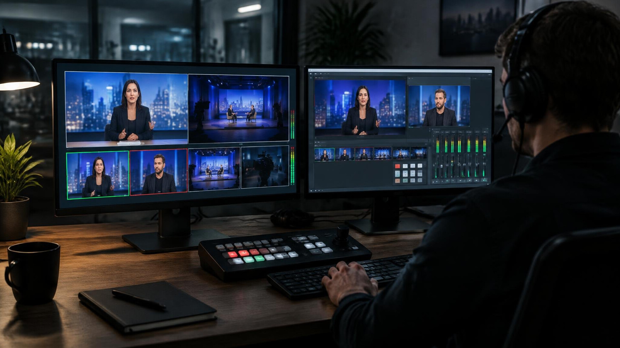 Monitor showing code and data in a dark office