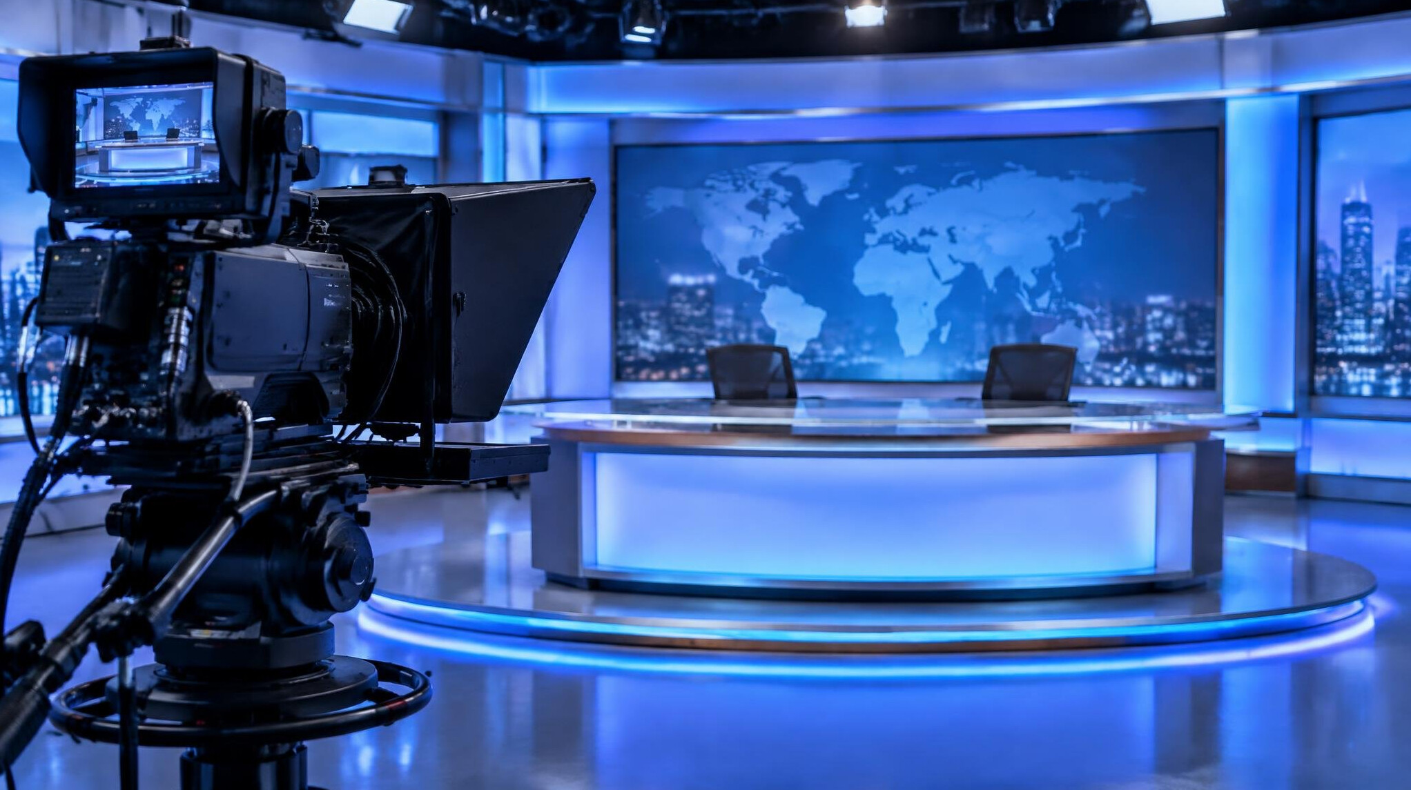 Television studio camera pointed at a news desk